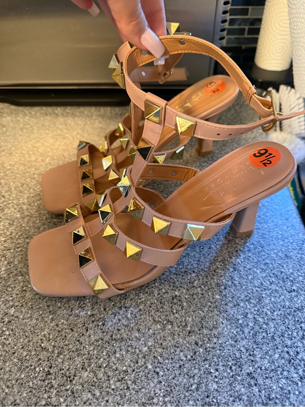 Nicole Miller Tan Strappy Heels with Gold Pyramid Studs